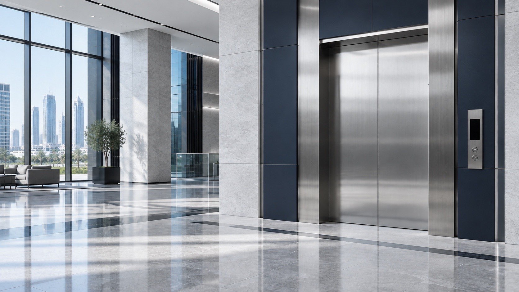 Commercial passenger elevator in a modern Middle Eastern office lobby